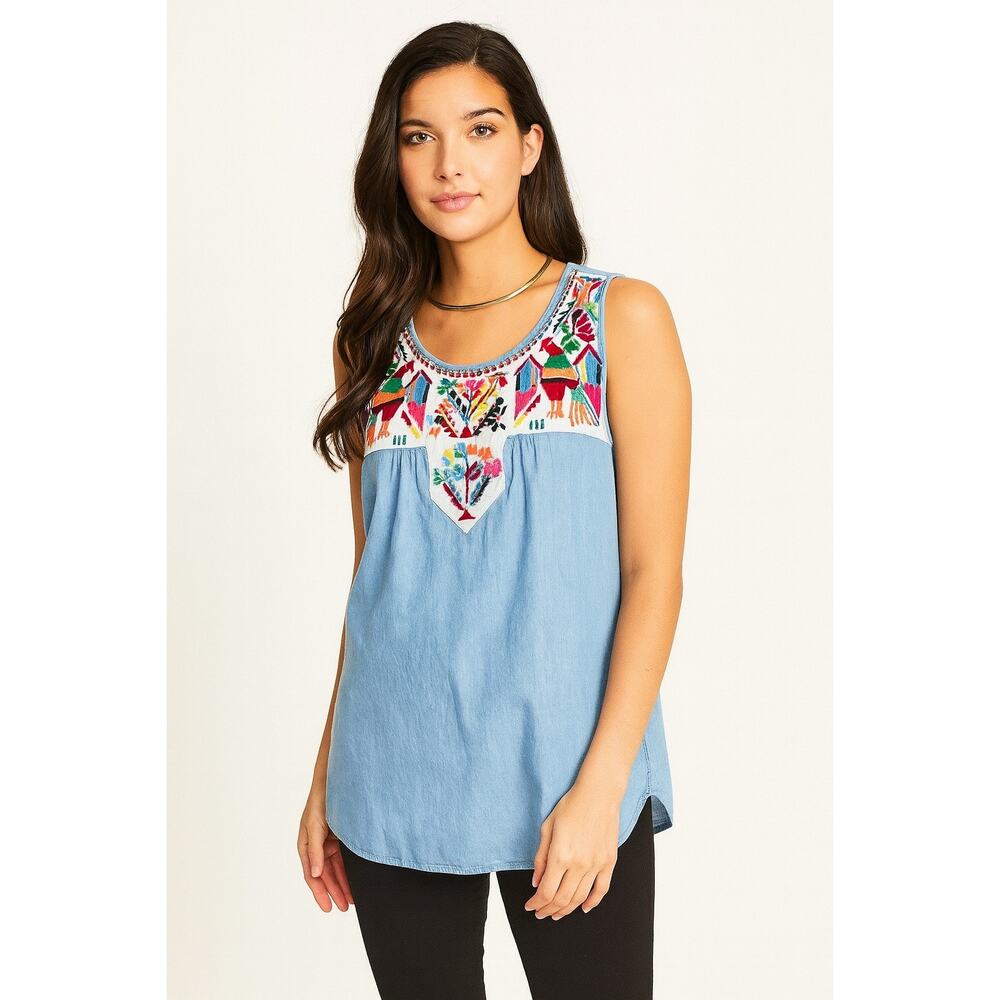 THML Embroidered Boho Denim Tank Top | Multicolor Stitch Detail | Size M
